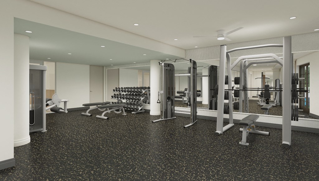 a rendering of a fitness room with weights and cardio equipment