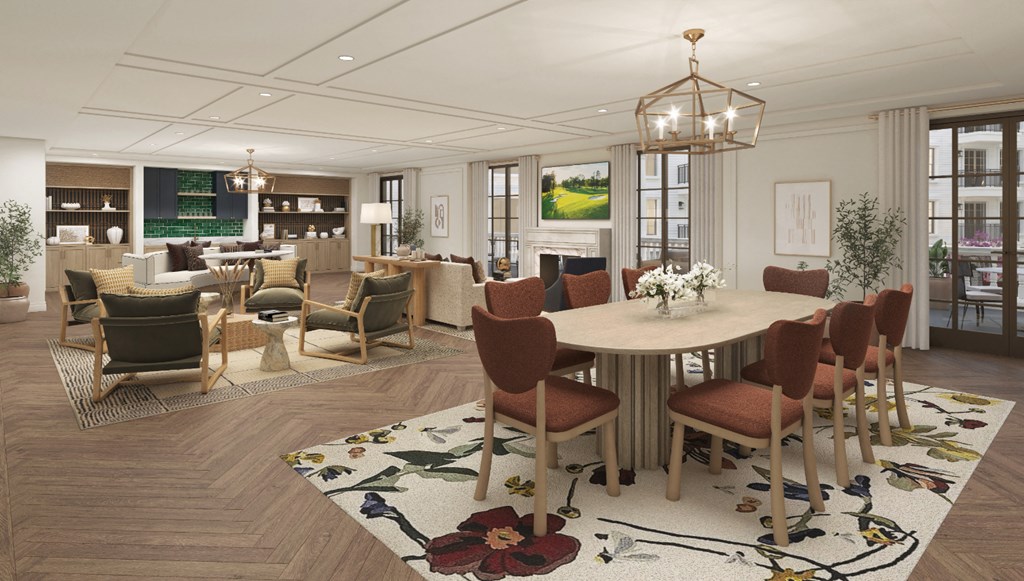 a rendering of a living room and dining room with chairs and a table