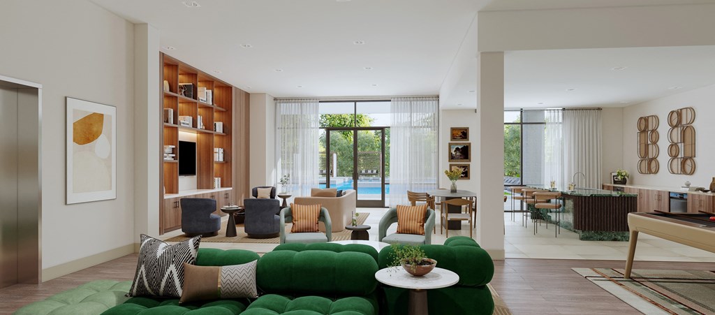 a living room filled with furniture and a large window