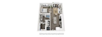 a 1 bedroom floorplan with a bathroom and a living room