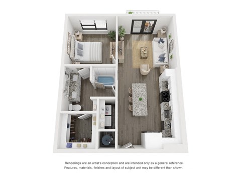 a 1 bedroom floorplan with a bathroom and a living room