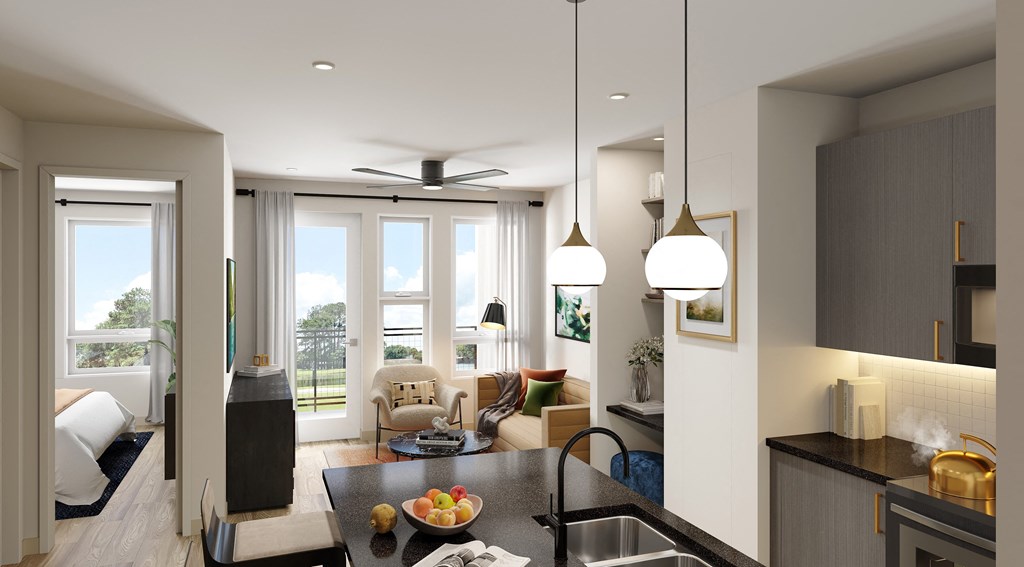 a rendering of a living room and dining room in a 555 waverly unit