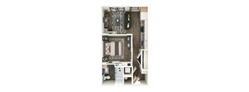 A top-down view of a kitchen with a sink, stove, and refrigerator.