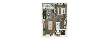 A top-down view of a small apartment with a kitchen, living room, and bathroom.