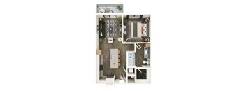 A top-down view of a small apartment with a kitchen, living room, and bathroom.