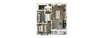 A floor plan of a small apartment with a kitchen, living room, and bathroom.