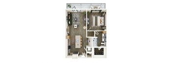 A top-down view of a small apartment with a kitchen, living room, and bathroom.