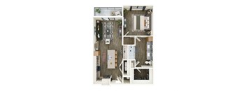 A floor plan of a house with a kitchen, living room, and two bedrooms.