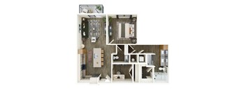 A dollhouse with a white table and chairs in the front room.