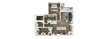 A 3D rendered image of a house layout.