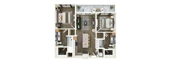 A top-down view of a small apartment with a living room, kitchen, and bedroom.