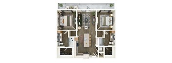 A top-down view of a house interior with a kitchen, living room, and bedrooms.