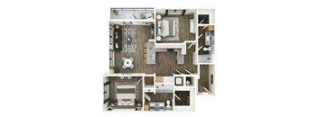 A top-down view of a small apartment with a kitchen, living room, and bathroom.