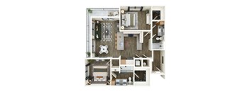 A top-down view of a small apartment with a kitchen, living room, and bathroom.