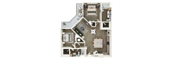 A top-down view of a house layout with a kitchen, living room, and two bedrooms.