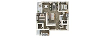 A top-down view of a small apartment with a kitchen, living room, and bathroom.