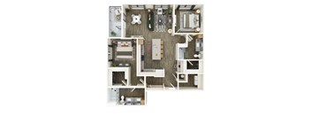 A top-down view of a small apartment with a kitchen, living room, and bathroom.