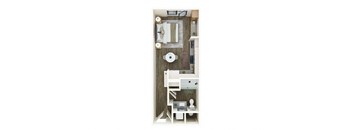A white chair is in front of a wooden cabinet.