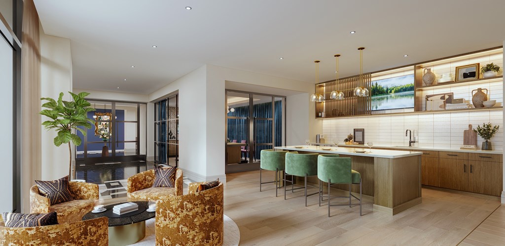 A modern living room with a bar area and a dining table.