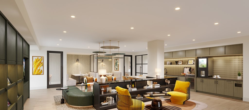 A modern living room with a black and yellow sofa.