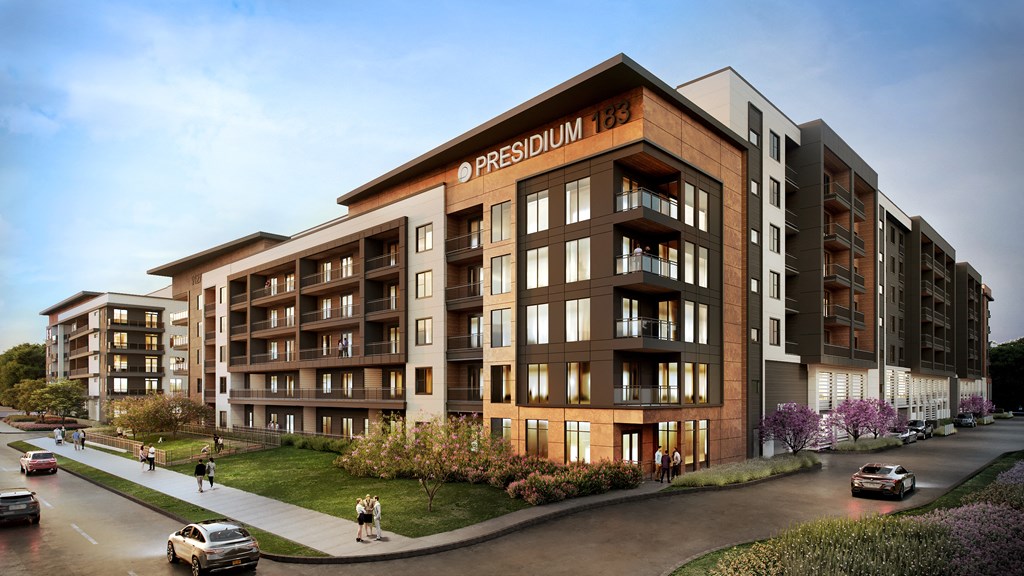 A modern apartment building named "Presidium 88" is depicted with a street view in front.