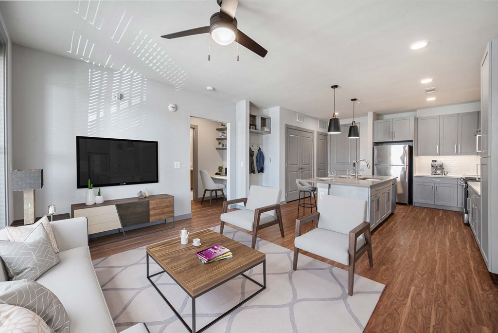 a rendering of a kitchen and living room