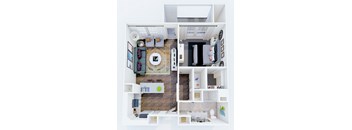 A top down view of a small apartment with a living room, kitchen, and bathroom.