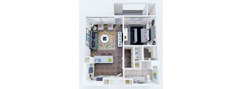 A top down view of a small apartment with a living room, kitchen, and bathroom.