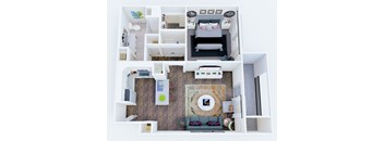 A top-down view of a small apartment with a bedroom, living room, and kitchen.