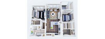 A top down view of a small apartment with a living room, kitchen, and bedroom.