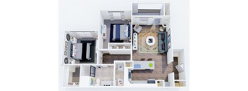 A top-down view of a small apartment with a living room, kitchen, and bedroom.