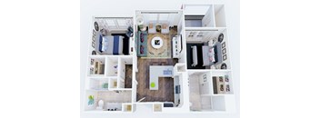 A top down view of a small apartment with a living room, kitchen, and bedroom.