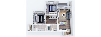 A top down view of a small apartment with a kitchen, living room, and bathroom.