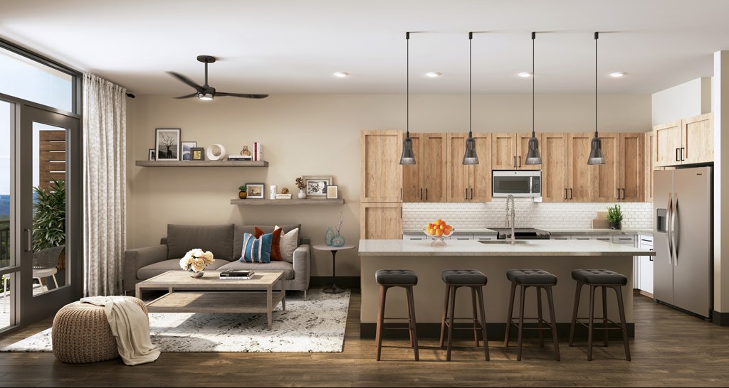 a rendering of a living room with a kitchen and dining area