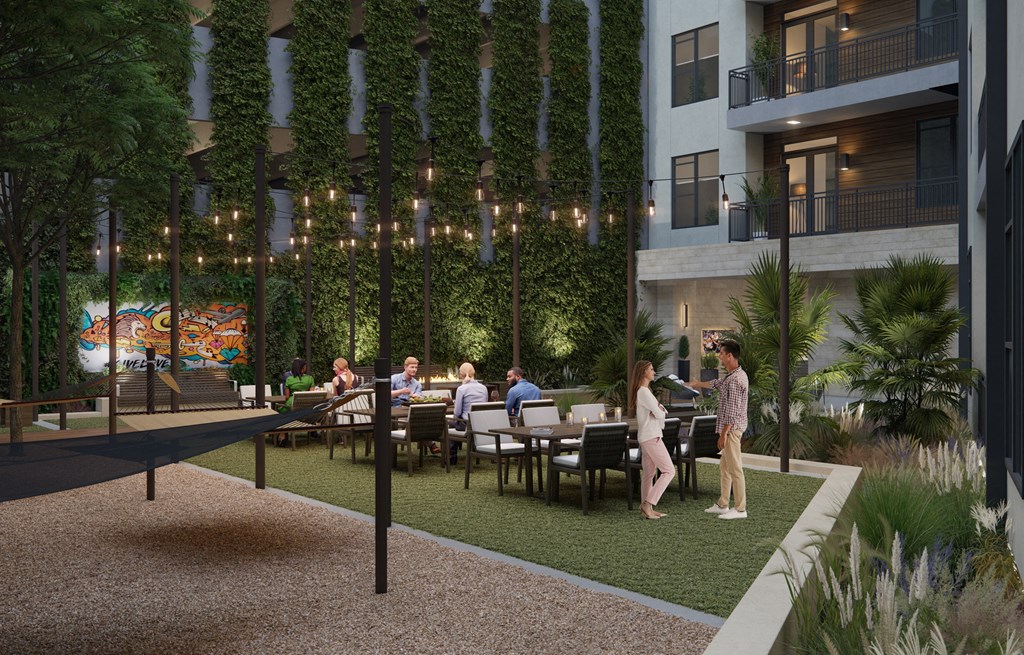 a rendering of an outdoor patio with people sitting at a table and a ping pong table