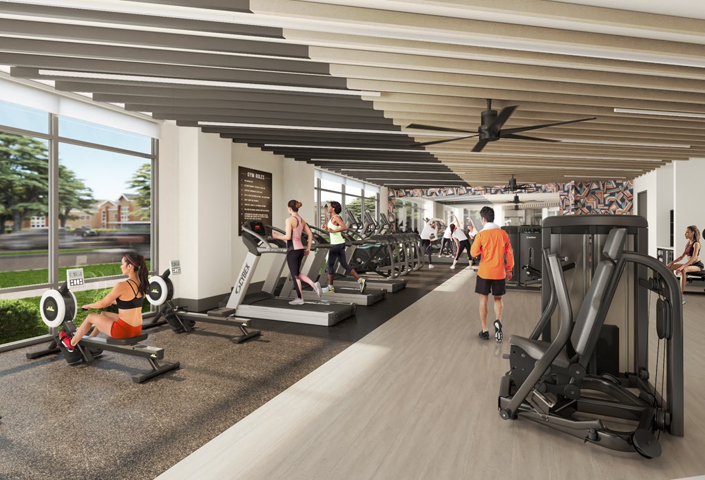 a rendering of a gym with treadmills and other exercise equipment