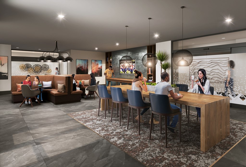 a rendering of the bar and lounge area of the residences at omni louisville apartments