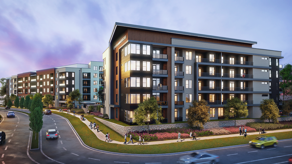 a rendering of a large apartment building with people walking on the sidewalk in front of it