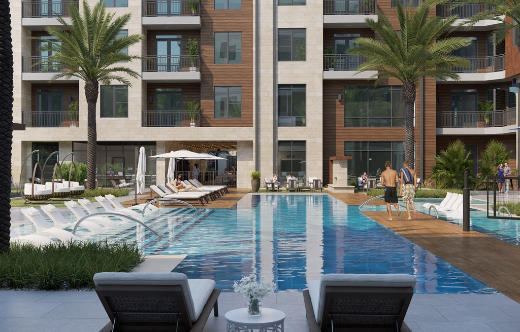 a rendering of an apartment building with a pool in the foreground