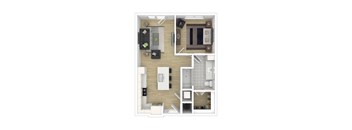 a stylized floor plan with a bedroom and a living room