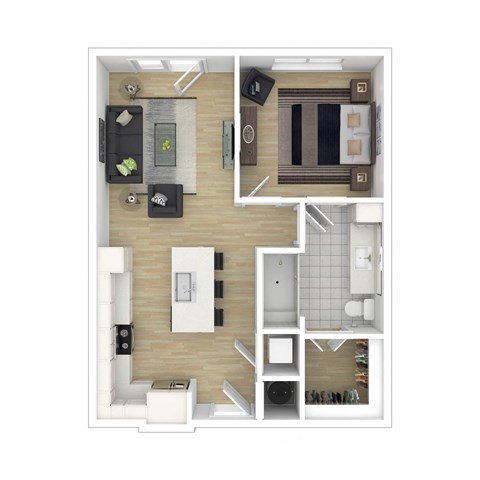 a stylized floor plan with a bedroom and a living room