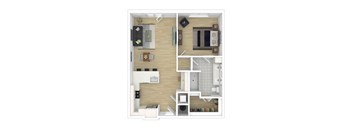 a stylized floor plan with a bedroom and living room