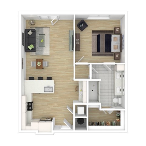 a stylized floor plan with a bedroom and living room