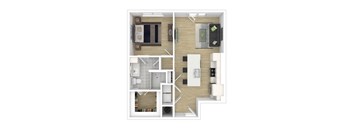 a stylized floor plan with a bedroom and living room