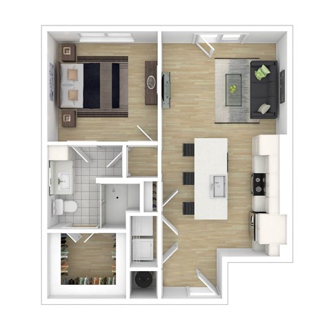 a stylized floor plan with a bedroom and living room