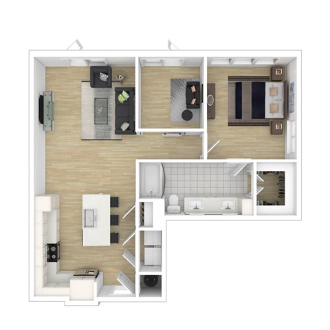 a stylized floor plan with a bedroom and a living room