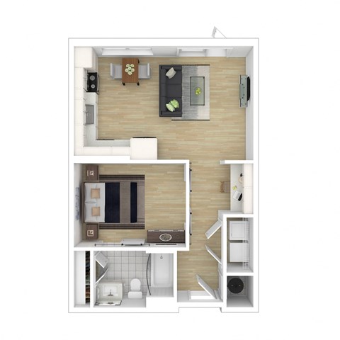 a stylized floor plan with a bedroom and a living room