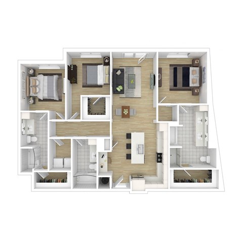 a 3d floor plan of a 424 sq ft apartment
