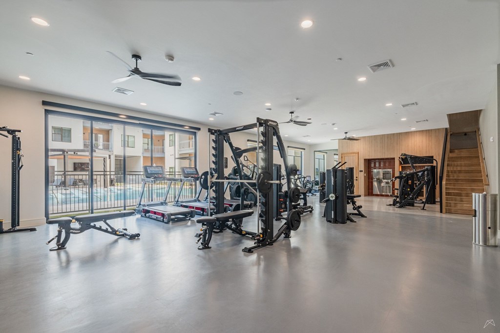 A spacious gym with a variety of equipment.