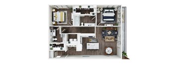 A top-down view of a well-organized apartment with a kitchen, living room, and bedroom.